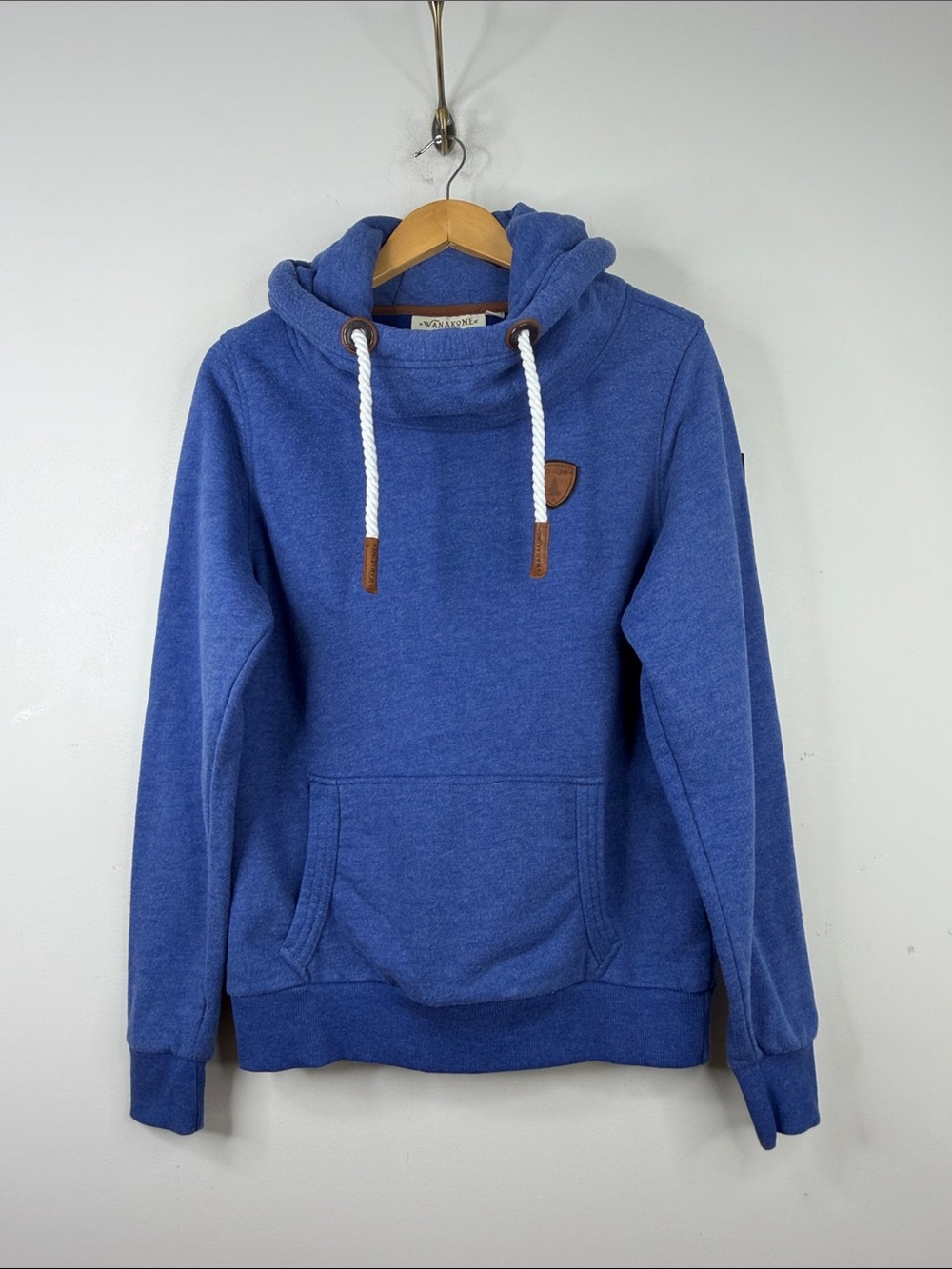 Wanakome Hoodie Mens Medium Blue Cotton Terry Sweatshirt Vegan Leather Comfy